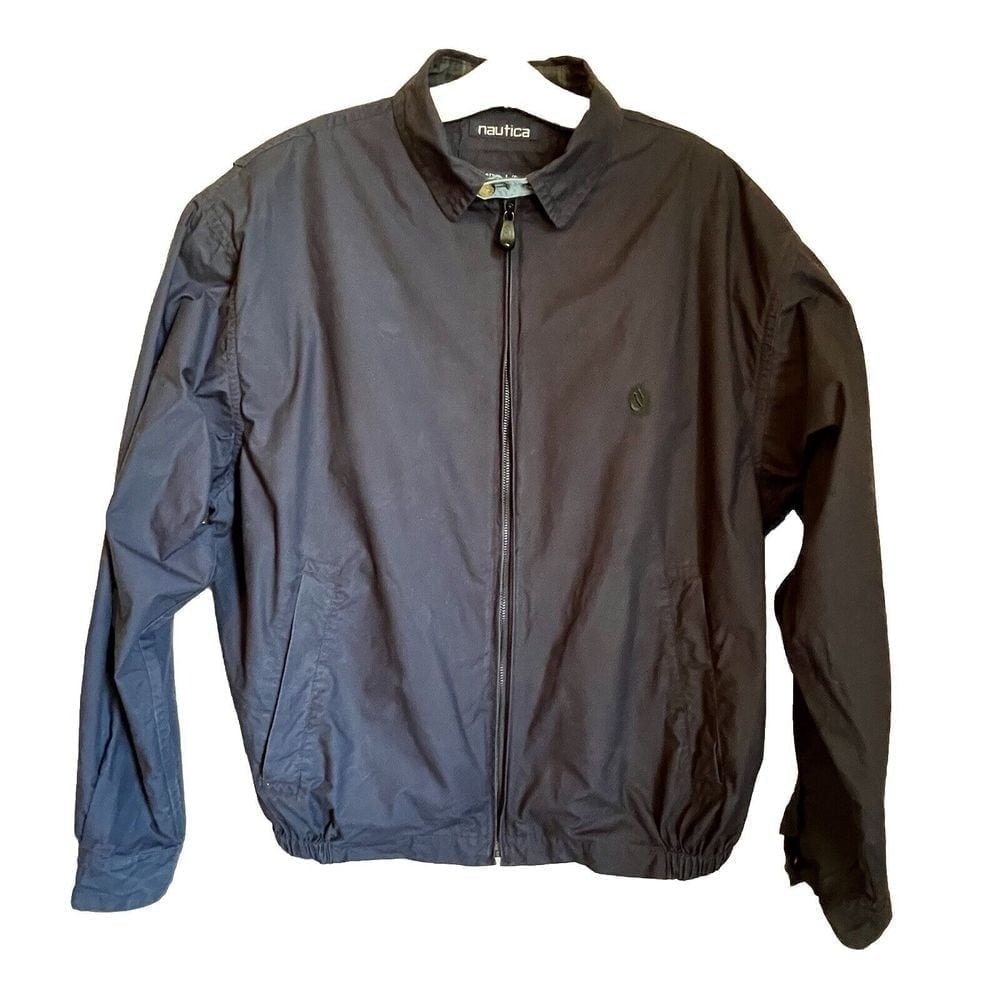 Vintage 90's Nautica Zip Up Bomber Jacket Large‎ Navy Cotton Windbreaker